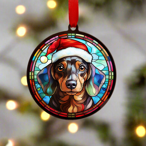 Dachshund Dapple in Santa Hat Suncatcher Decoration